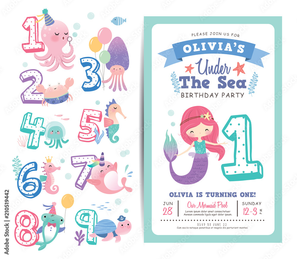 Wall mural birthday party invitation card template with cute little mermaid, marine life cartoon character and 