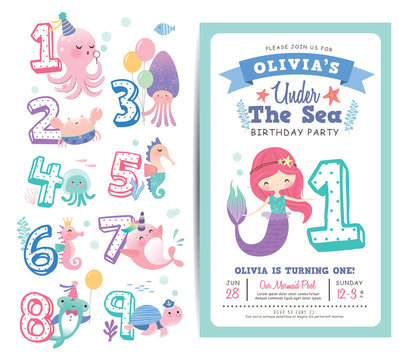 Birthday party invitation card template with cute little mermaid, marine life cartoon character and birthday anniversary numbers