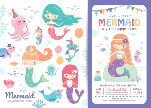 Birthday party invitation card template with cute little mermaids and marine life cartoon character