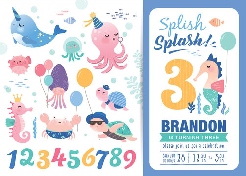 Birthday party invitation card template with cute marine life cartoon character and birthday anniversary numbers