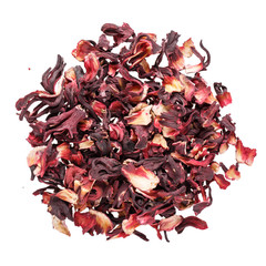 Heap of dried hibiscus petals isolated on white.