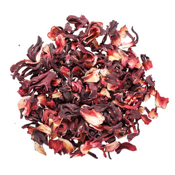 Heap Of Dried Hibiscus Petals Isolated On White.