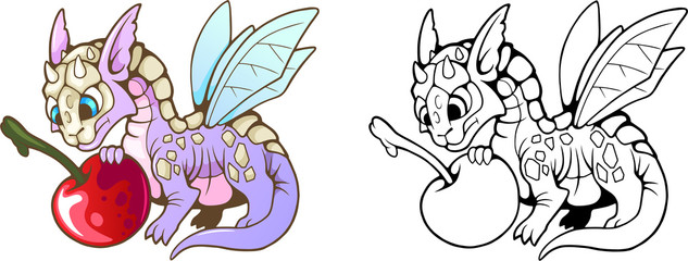 cartoon little cute dragon eating cherry, funny illustration
