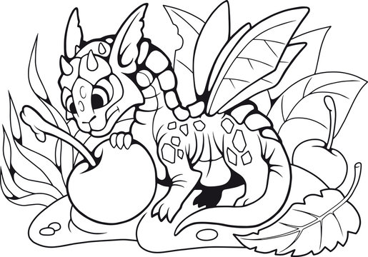 cartoon little cute dragon eating cherry, funny illustration

