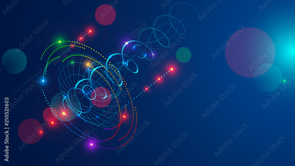 Poster Abstract radio signal transmitted satellite dish . Directional signal radiates in sky shape a spiral and dots. Abstraction tech background. Satellite Communication concept.