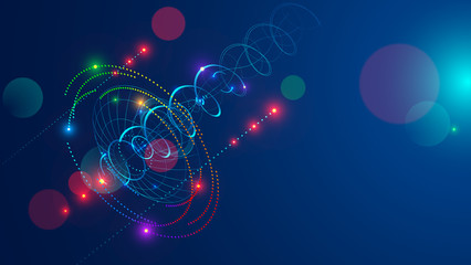 Abstract radio signal transmitted satellite dish . Directional signal radiates in sky shape a spiral and dots. Abstraction tech background. Satellite Communication concept.