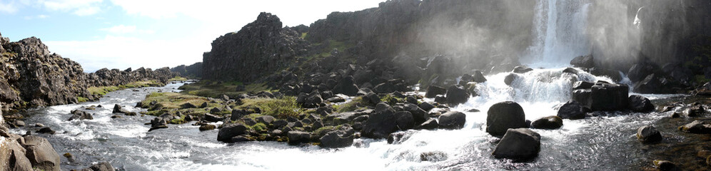 Naklejka na ściany i meble Panorama picture Öxarárfoss waterfall in Golden Circle, Thingvellir National Park, Iceland