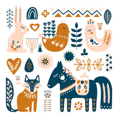 Composition with Folk art animals and decorative elements. Hand drawn vector pattern. Scandinavian, Nordic style.