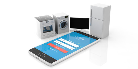 Home appliances set and mobile phone isolated on white background. 3d illustration