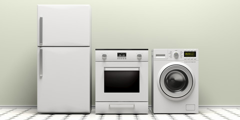 Fototapeta na wymiar Home appliances set on white tiled floor. 3d illustration