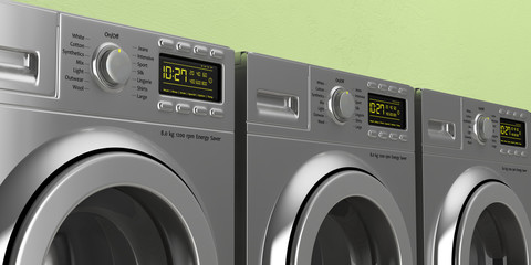 Clothes washing, dryer machines closeup on green wall background. 3d illustration