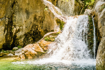 Enipea source of the river "Zeus Bath" on Mount Olympus near the village of Litochoro in Greece