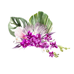 A beautiful watercolor bouquet with leaves of a palm tree, flowers or orchids.  © knopazyzy