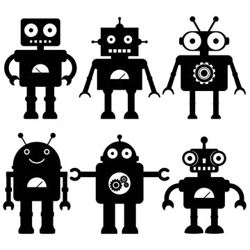 Set of a six silhouettes of a toy robot on a white background