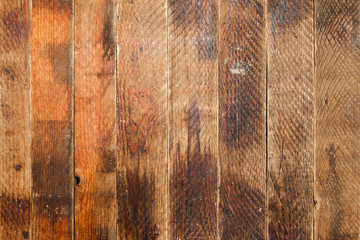 Close-up grunge background made of wide vertical old brown wooden planks.