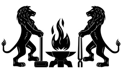 Coat of arms with lions. Gothic emblem of the medieval guild of blacksmiths, craftsmen. Vector. Two calm lions stand with tools near the anvil. Flame in the form of a bird Phoenix. Element of design.