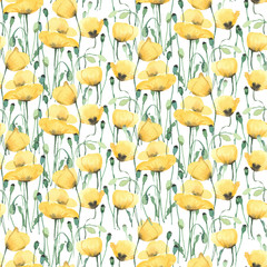 Seamless background with yellow poppy flowers, in watercolor style.