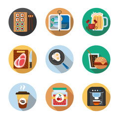 Food flat design long shadow color icons set