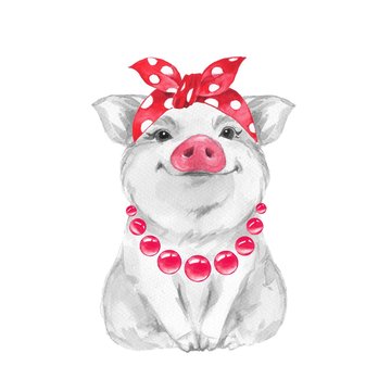 Funny pig wearing bandana. Isolated on white. Cute watercolor illustration