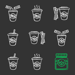 Coffee and tea drinks with sugar chalk icons set