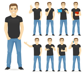 Obraz premium Man in casual outfit set with different gestures isolated