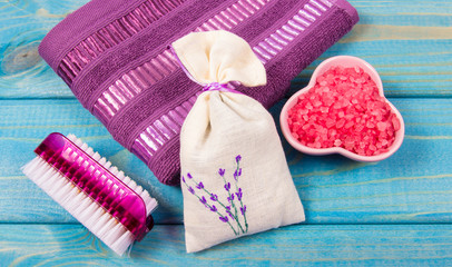 SPA accessories for hygenic and bath in a composition on a blue background.