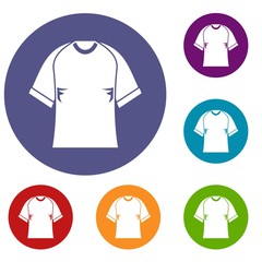 Raglan tshirt icons set in flat circle red, blue and green color for web