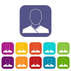 Buddhist monk icons set vector illustration in flat style in colors red, blue, green, and other