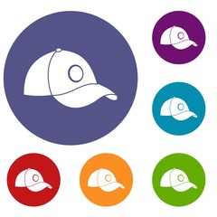 Cap icons set in flat circle red, blue and green color for web