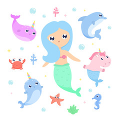 Magical creatures. Narwhal, unicorn mermaid,sea animals vector illustration
