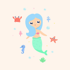 Mermaid with sea animals vector illustration