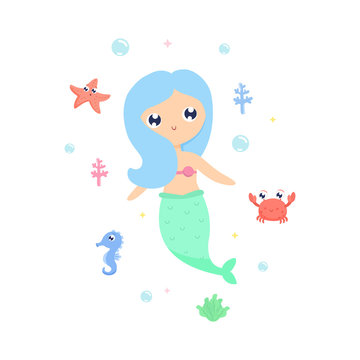 Mermaid with sea animals vector illustration