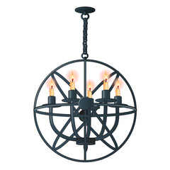 Massive steel chandelier with candles in medieval style isolated on white background. Vector cartoon close-up illustration.