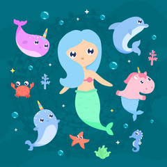 Magical creatures. Narwhal, unicorn mermaid,sea animals vector illustration