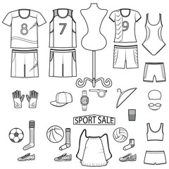 vector illustration line icon set - fashion sell sport wear and equipment on white background