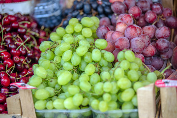 Red and green grapes are on the counter in the store