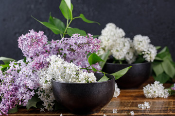 White and purple lilac flowers and black exquisite cups.
