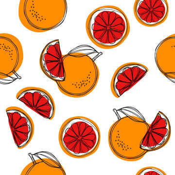 Sicilian blood oranges vector seamless pattern on white background. Red oranges