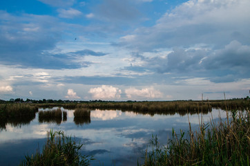 The blue sky with clouds is reflected in the pond
