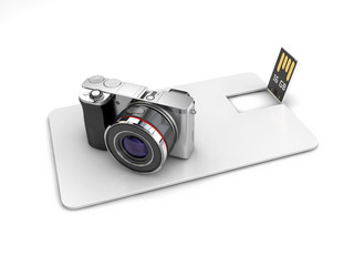 Blank white plastic wafer usb card mockup with camera, 3d Illustration