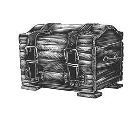 Vector engraved style illustration for posters, decoration and print. Hand drawn sketch of dower chest in monochrome isolated on white background. Detailed vintage woodcut style drawing.