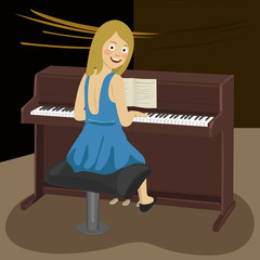 Rear view of young woman playing the piano looking over her shoulder in concert hall