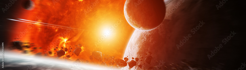 Wall mural exploding sun in space close to planet 3d rendering elements of this image furnished by nasa