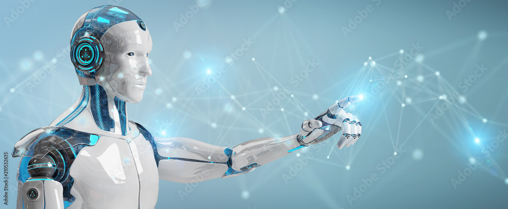 Poster white man robot using digital network connection 3d rendering