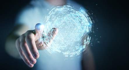 Businessman using digital triangle exploding sphere hologram 3D rendering