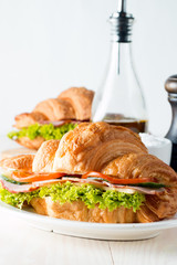 Fresh croissant or sandwich with salad, ham, jamon, prosciutto, salami, cheese, chicken, tomatoes on wooden background. Morning breakfast concept. Healthy and fast food.