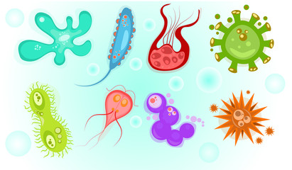 Icons of biological viruses and microbes. Illustration of bacteria and microbe organism allergen. Biology icons