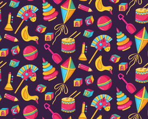 Toys colorful doodle seamless vector pattern