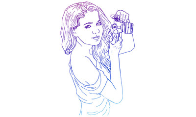 girl with camera, girl looks at camera holding camera