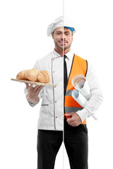Photo comparison of chef architect's outlook. Chef wearing white chef's tunic, holing plate with...